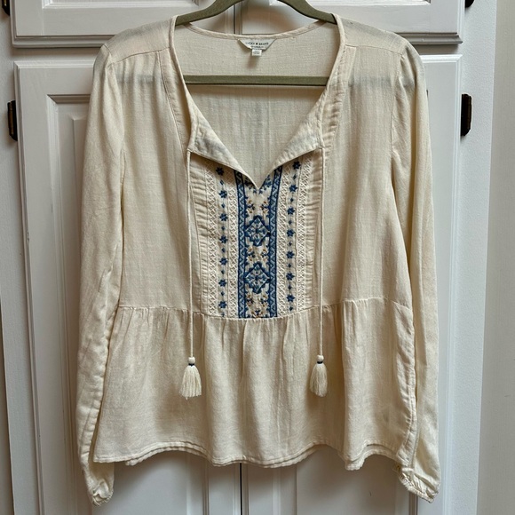 Lucky Brand Hazel Embroidered Cotton Blend Boho Peasant Top Size Medium - Picture 2 of 13